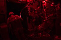 A U.S. Army soldier from the 82nd Airborne Division jumps out of a C-17 Globemaster III over North Carolina during Battalion Mass Tactical Week, Jan. 23, 2023. BMTW provides an opportunity for soldiers of Fort Bragg’s Third Brigade combat team to train in personnel drops and joint aircraft inspections in preparation for future deployments. (U.S. Air Force photo by Airman 1st Class Ryan Hayman)