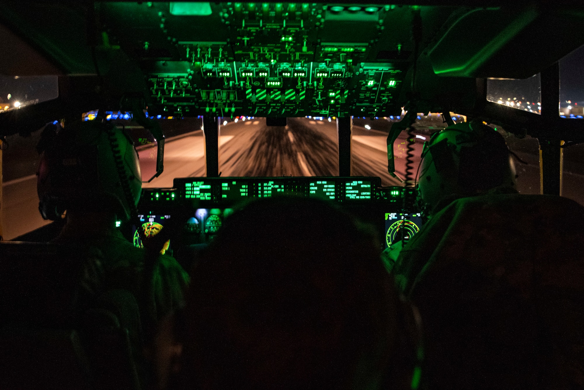 U.S. Air Force Capt. Ryan Murphy, 40th Airlift Squadron pilot, and Capt. James Wishart, 40th AS co-pilot, land a C-130J Super Hercules, at Pope Army Airfield, North Carolina, Jan. 24, 2023. During Battalion Mass Tactical Week, the 317th Airlift Wing integrated with the 16th Airlift Squadron, Joint Base Charleston, South Carolina, and the 82nd Division, Fort Bragg, North Carolina to train as an integrated force alongside the Army. (U.S. Air Force photo by Airman 1st Class Ryan Hayman)