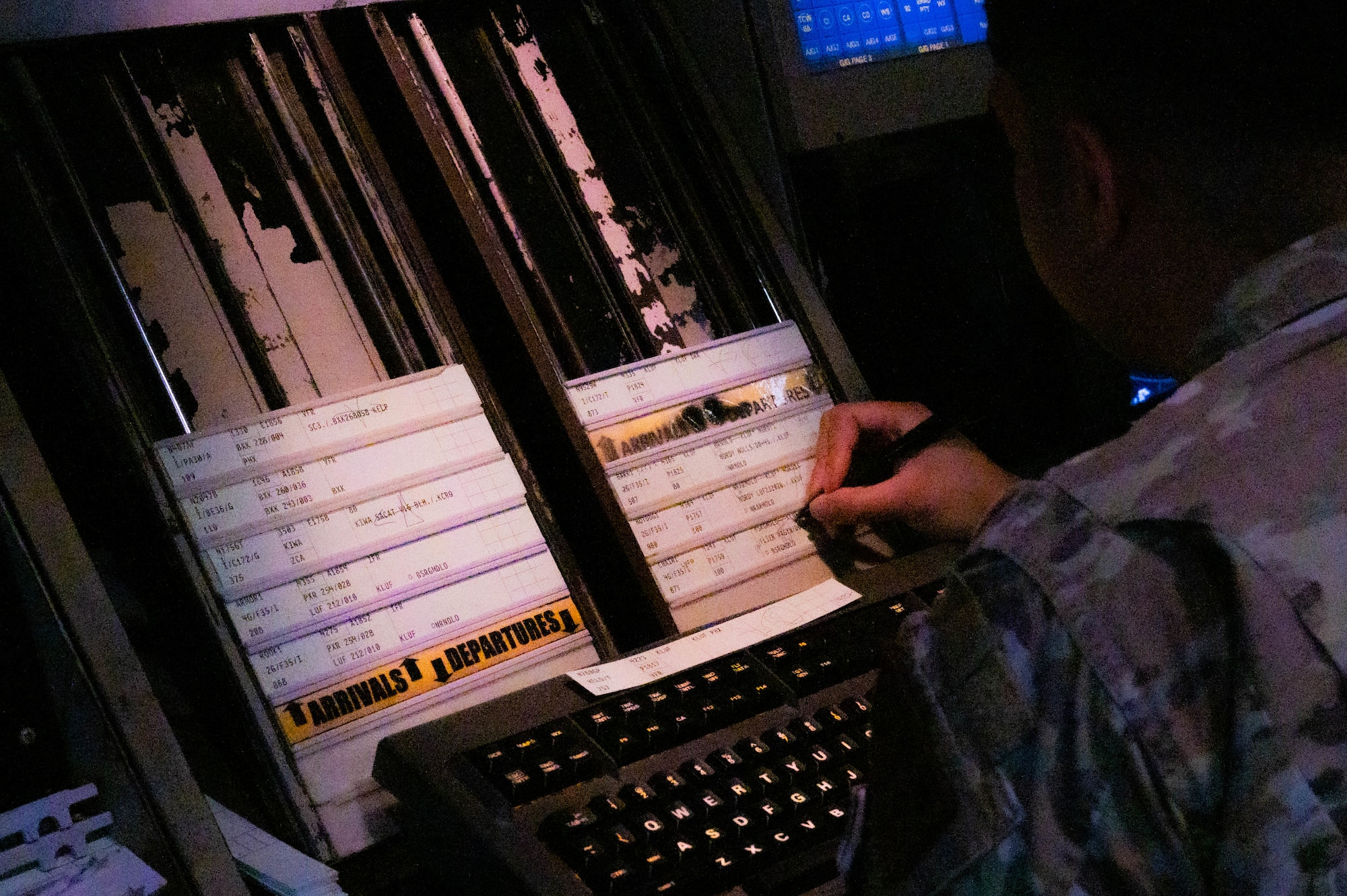 U.S. Air Force Senior Airman Sean McCoy, 56th Operation Support Squadron radar approach control specialist, adjusts aircraft’s arrival and departure times, Jan. 27, 2023, at Luke Air Force Base, Arizona.