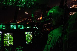 U.S. Air Force Capt. James Wishart, 40th Airlift Squadron co-pilot, flies over North Carolina during Battalion Mass Tactical Week, Jan. 24, 2023. During BMTW, Wishart and his aircrew dropped personnel, heavy equipment and Container Delivery System bundles containing supplies for ground personnel within the drop zone. (U.S. Air Force photo by Airman 1st Class Ryan Hayman)