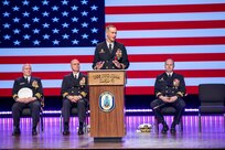 Capt. Judd Krier, former commanding officer of the Wasp-class amphibious assault ship USS Iwo Jima (LHD 7),  speaks during the change-of-command ceremony for the ship,  Jan. 20, 2023.