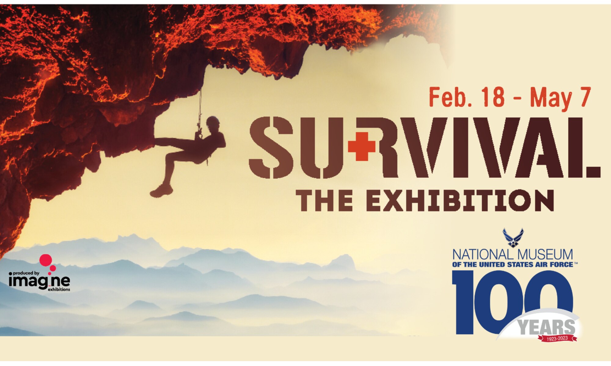 Image of a rock climber and the text Survival: The Exhibition, Feb. 18 - May 7 with the Museum's 100th Anniversary Logo