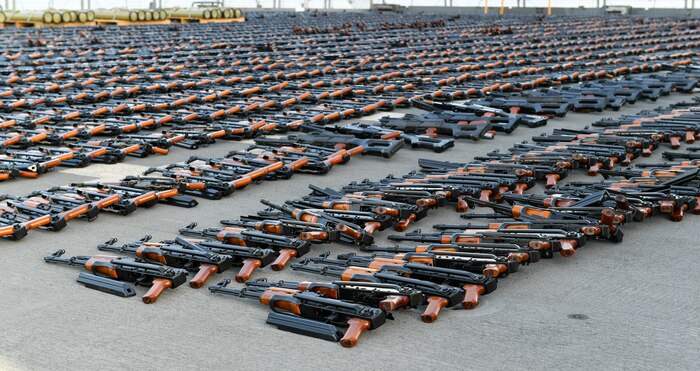 U.S. 5TH FLEET AREA OF OPERATIONS (Feb. 1, 2023) Seized weapons displayed on the flight deck of a U.S. Navy ship in the U.S. 5th Fleet area of operations, Feb. 1.