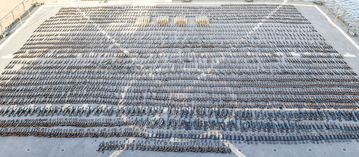 U.S. 5TH FLEET AREA OF OPERATIONS (Feb. 1, 2023) Seized weapons displayed on the flight deck of a U.S. Navy ship in the U.S. 5th Fleet area of operations, Feb. 1.