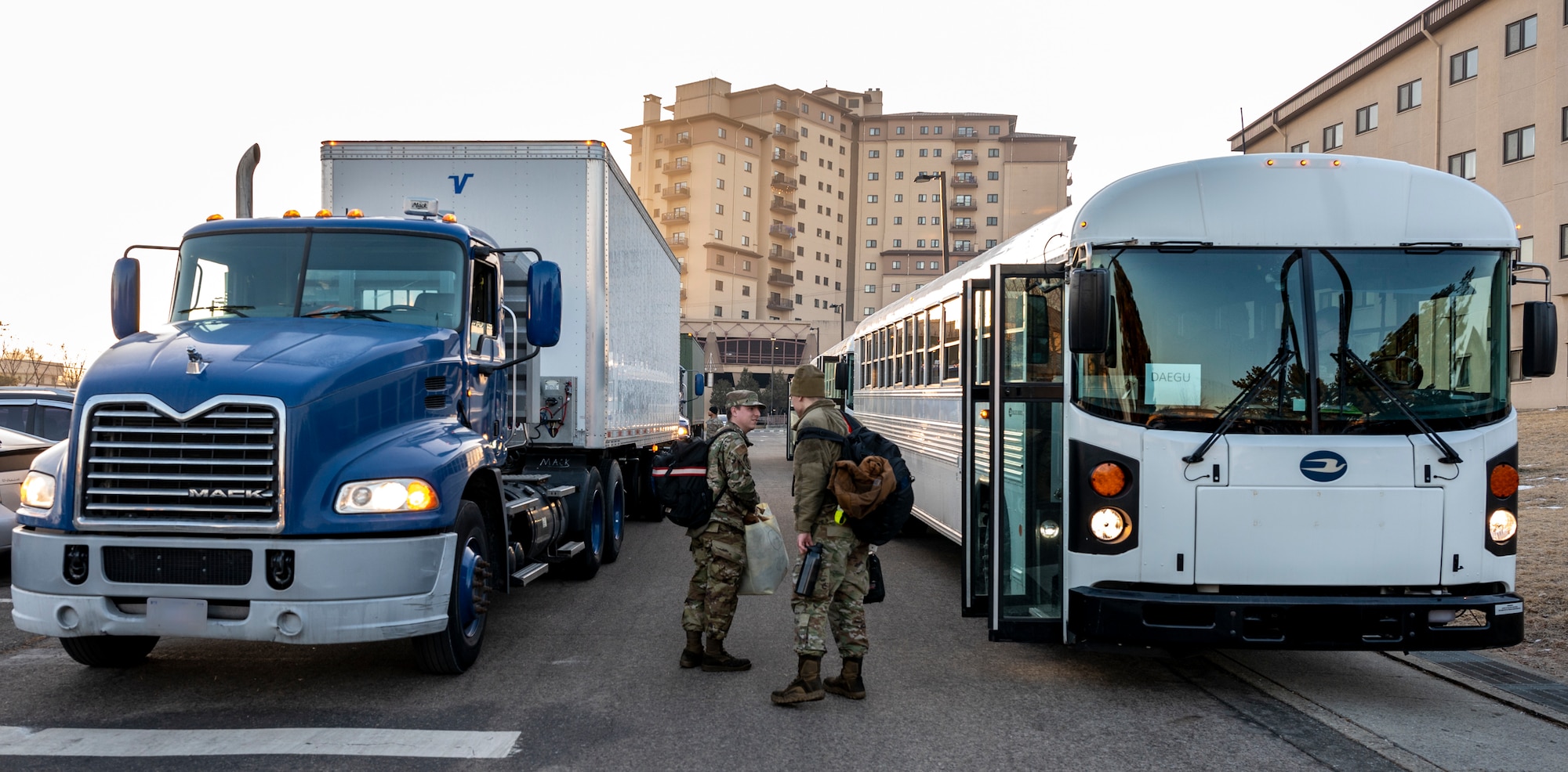 U.S. Air Force Airmen from the 51st Fighter Wing board buses to Daegu Air Base, Republic of Korea, during a week-long training event at Osan AB, ROK, Jan. 30, 2023.