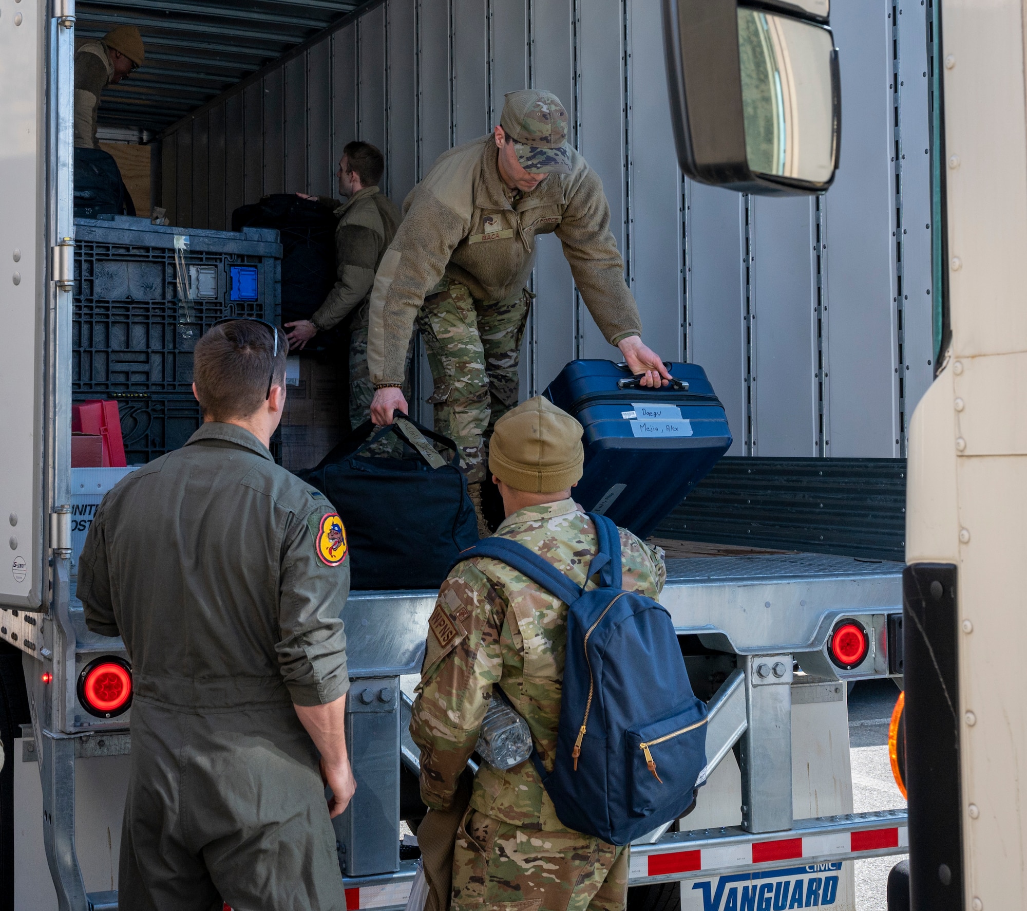 U.S. Air Force Airmen, 51st Fighter Wing, unload luggage and cargo for a week-long training event at Daegu Air Base, Republic of Korea, Jan. 30, 2023.