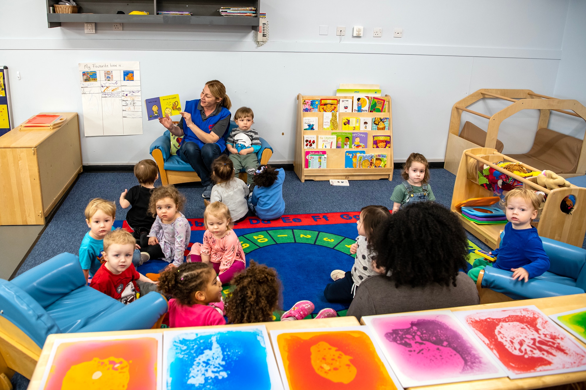 A staff member from the Child Development Center reads a book to children at RAF Alconbury, England, Feb. 2, 2023. The RAFA CDC provides quality child development and services to children and families from all four branches of the Department of Defense. (U.S. Air Force photo by Staff Sgt. Eugene Oliver)