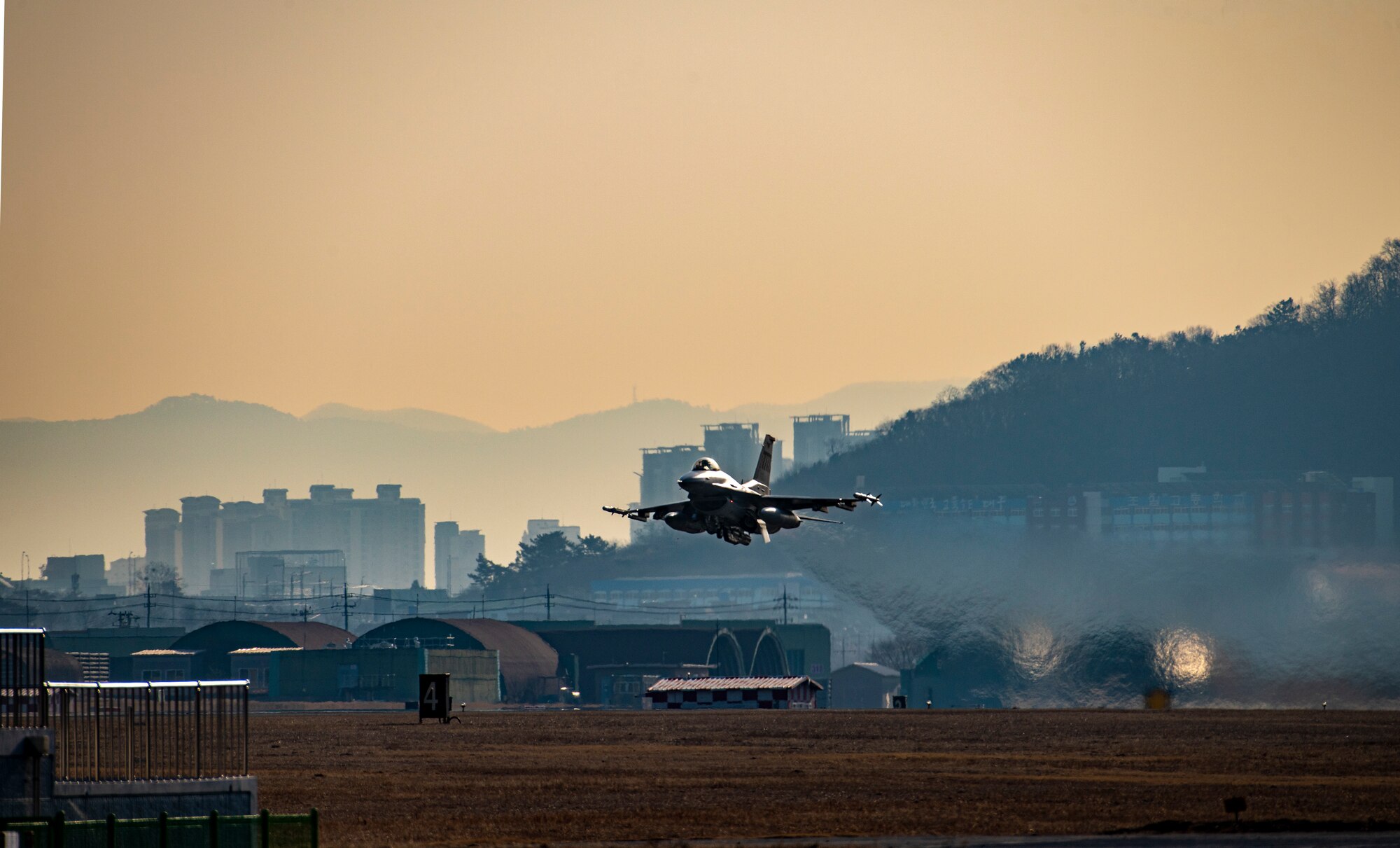 A U.S. Air Force F-16 Fighting Falcon, 36th Fighter Squadron, takes off during a routine training event at Daegu Air Base, Republic of Korea, Jan. 31, 2023.