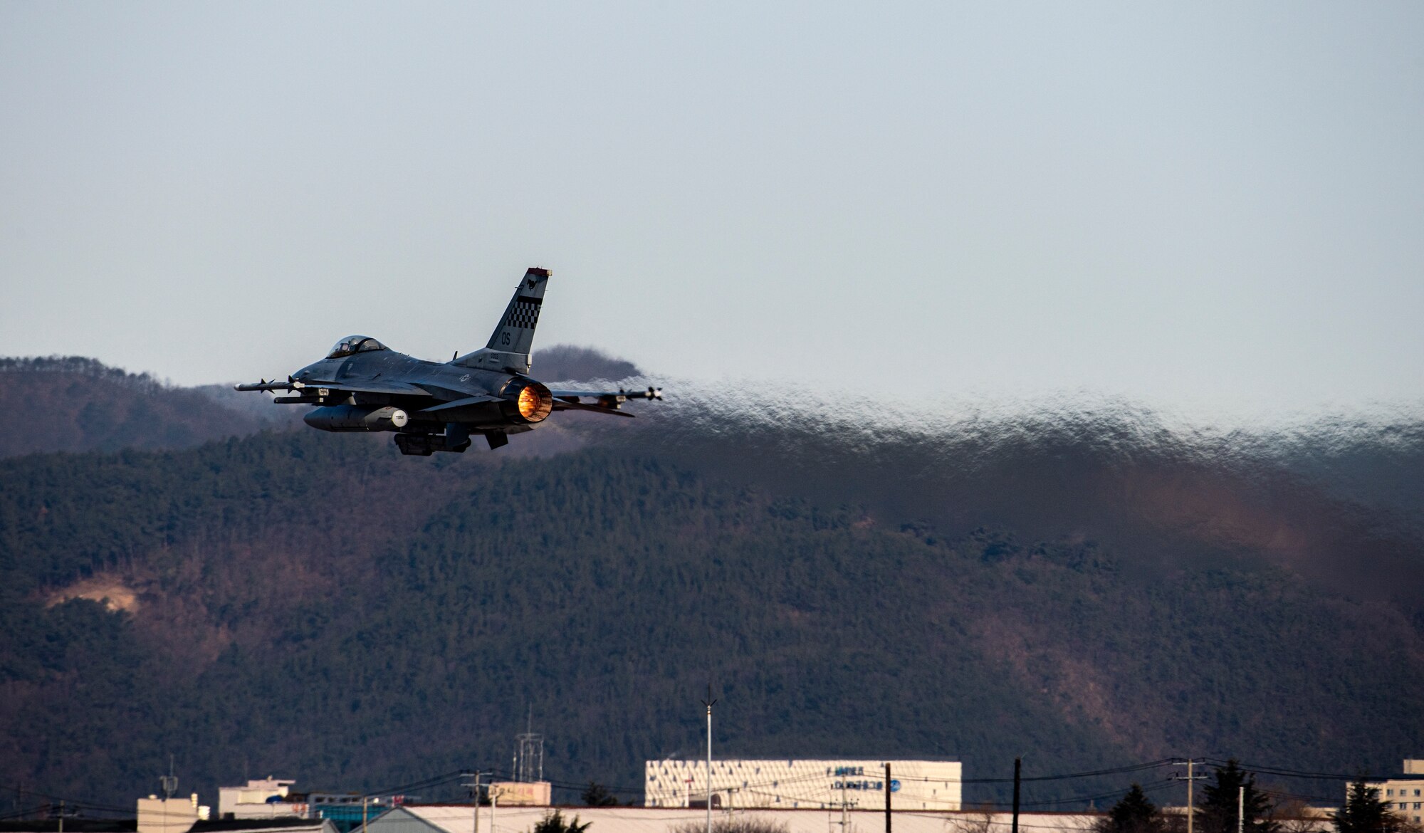 A U.S. Air Force F-16 Fighting Falcon, 36th Fighter Squadron, takes off during a training event at Daegu Air Base, Republic of Korea, Jan. 31, 2023.