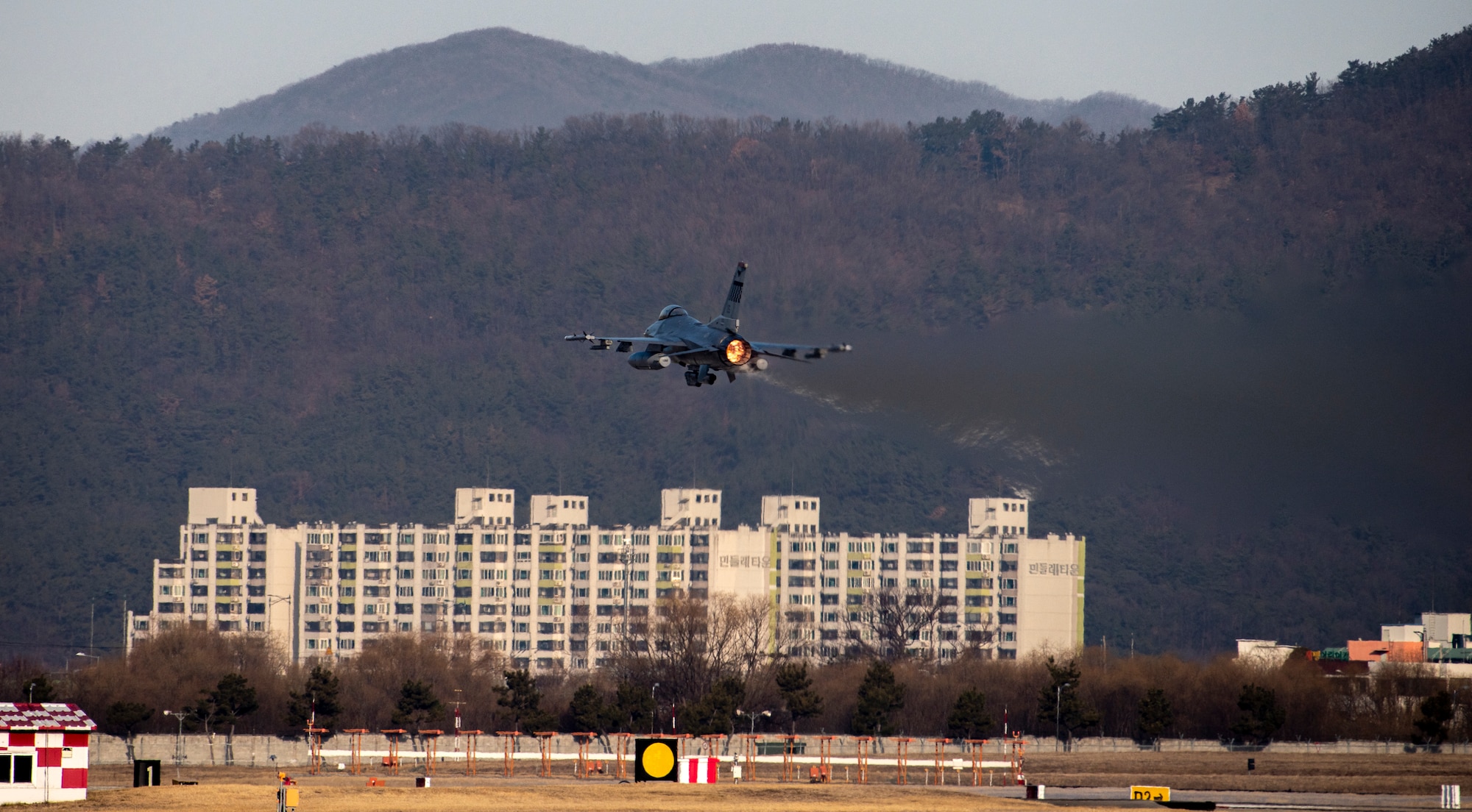 A U.S. Air Force F-16 Fighting Falcon, 36th Fighter Squadron, takes off during a training event at Daegu Air Base, Republic of Korea, Jan. 31, 2023.