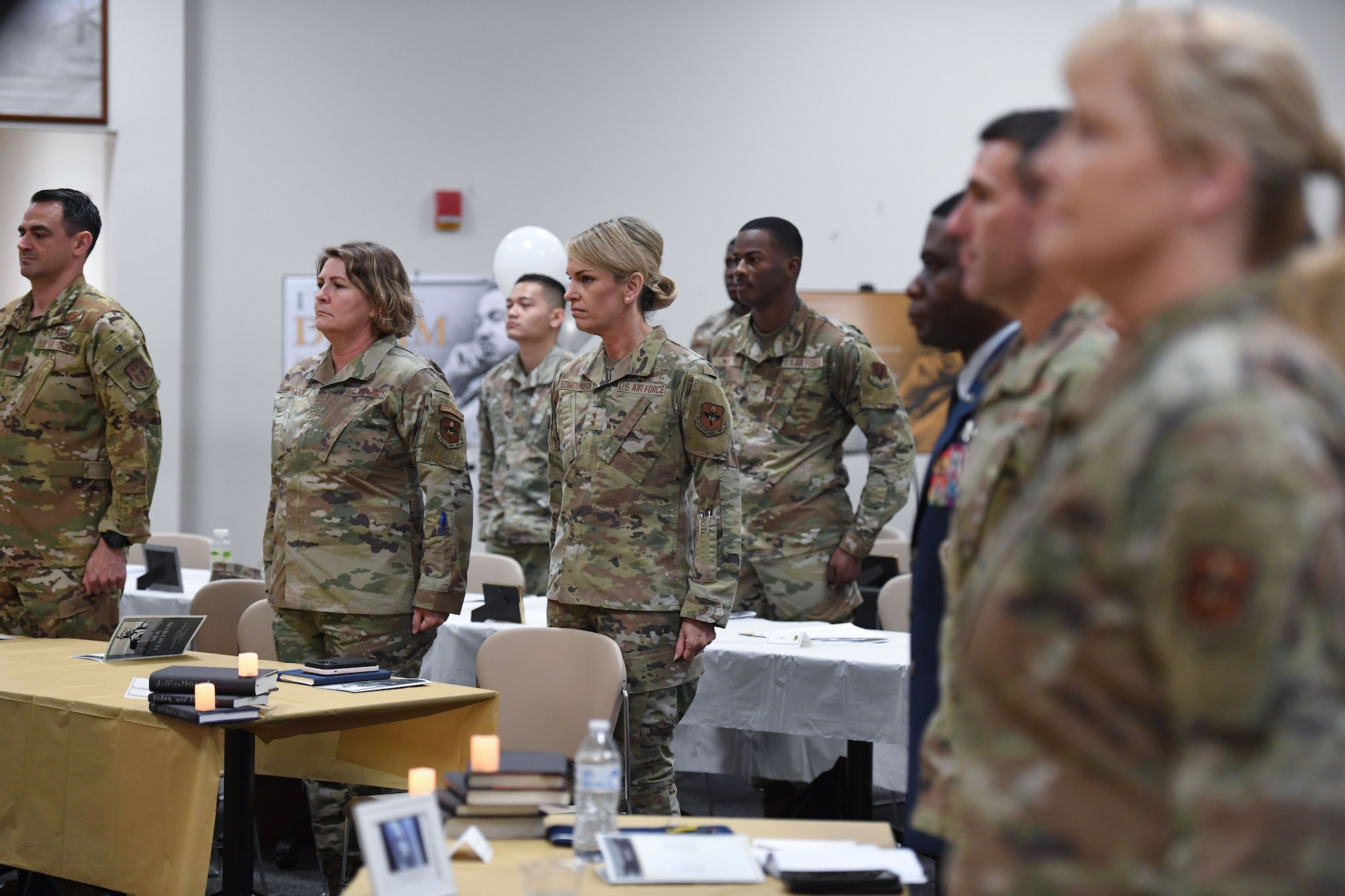 Keesler leadership attend the annual Dr. Martin Luther King Jr. Luncheon inside the Roberts Consolidated Aircraft Maintenance Facility at Keesler Air Force Base, Mississippi, Jan. 30, 2023.