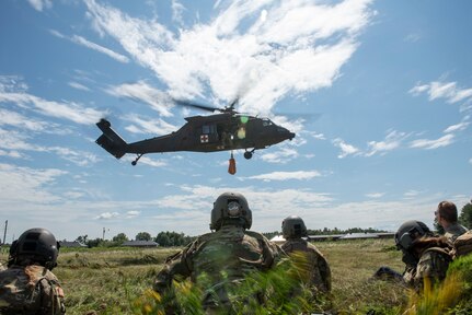 Soldiers with Charlie Company, 3rd Battalion, 126th Aviation Regiment, 86th Troop Command, Garrison Support Command, Vermont National Guard, performed hoist training with Black Hawk helicopters, Camp Johnson, Colchester, Vermont, Aug. 7, 2020.