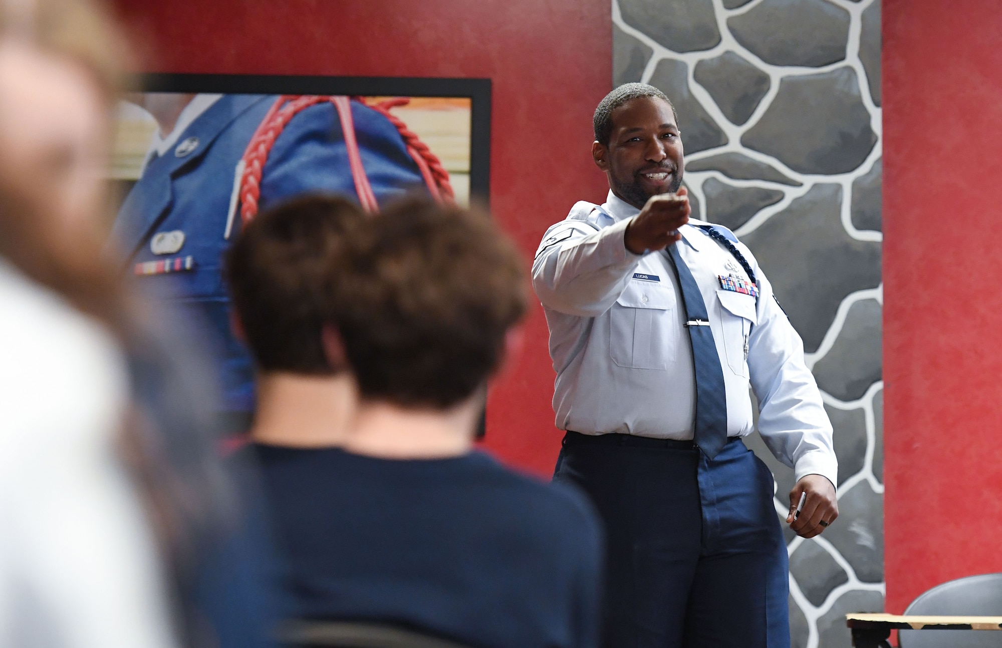 U.S. Air Force Staff Sgt. Bobby Lucas, III, 338th Training Squadron military training leader, provides a dorm brief and tour inside Winters Manor to members of the Biloxi Chamber of Commerce Junior Leadership Program at Keesler Air Force Base, Mississippi, Jan. 31, 2023.
