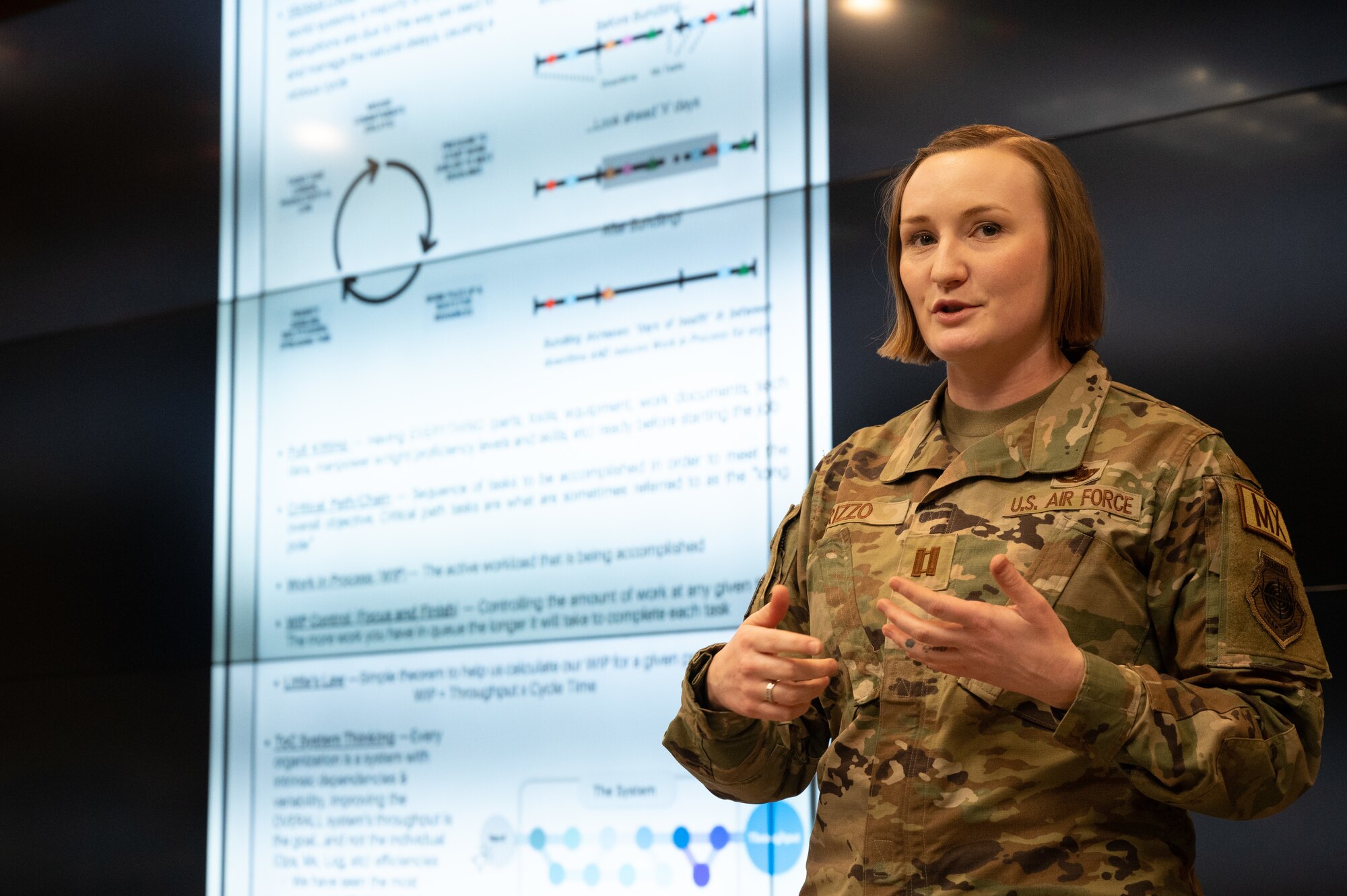 Capt. Sophia Rizzo, Headquarters Air Force process advancement branch chief of Tesseract, gives a briefing on the Theory of Constraints at Kunsan Air Base, Republic of Korea, Feb. 1, 2023. Eliyahu Goldratt developed the theory in 1984 and the methodology has been widely used since then to improve notable companies. (U.S. Air Force photo by Staff Sgt. Sadie Colbert)