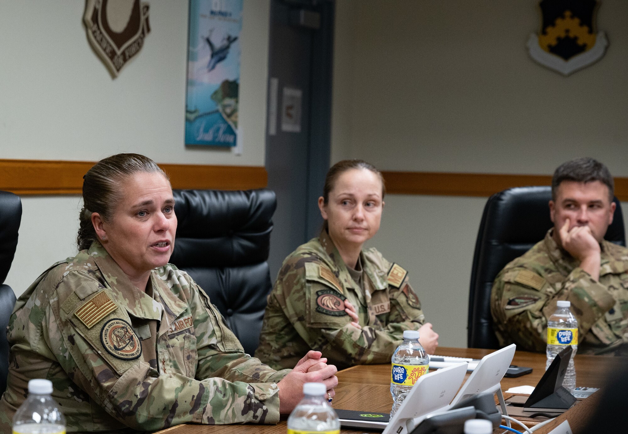 Maj. Gen. Linda S. Hurry, director of logistics, deputy chief of staff for logistics, engineering and force protection, Headquarters Air Force, speaks during a briefing at Kunsan Air Base, Republic of Korea, Feb. 1, 2023. During the brief, Hurry spoke to 8th Fighter Wing leaders on the Theory of Constraints, a methodology for identifying the most important limiting factor standing in the way of achieving a goal and then systematically improving that constraint until it no longer poses an issue. (U.S. Air Force photo by Staff Sgt. Sadie Colbert)