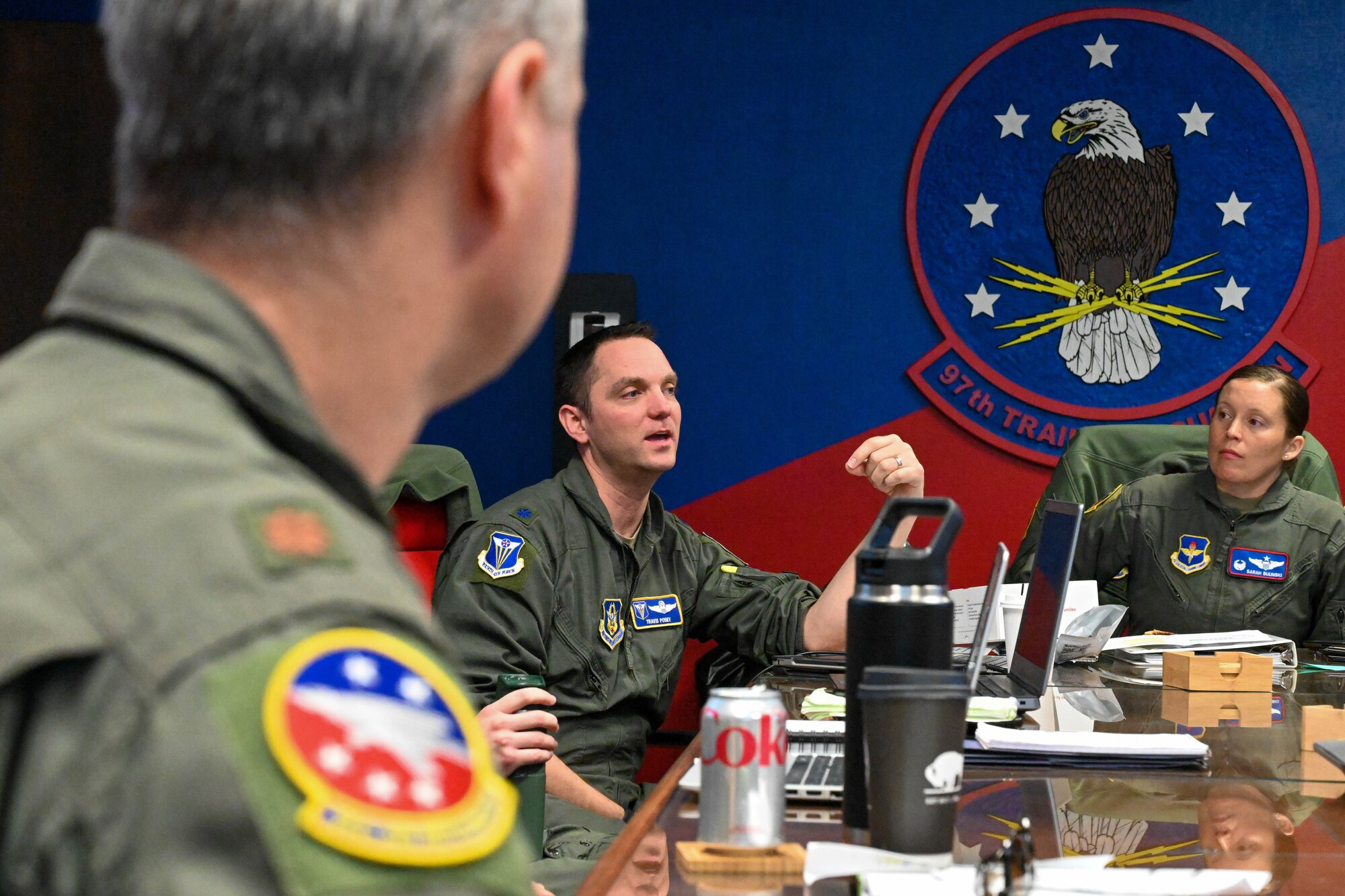 U.S. Air Force Lt. Col. Travis Posey from the 4AF/A5X combat plans and exercise division at March Air Reserve Base, California, talks during a breakout session at Altus Air Force Base, Oklahoma, Jan. 25, 2023. One of the goals of the summit was to review and realign aircrew training to best prepare pilots, loadmasters and boom operators for the future fight. (U.S. Air Force photo by Senior Airman Trenton Jancze)