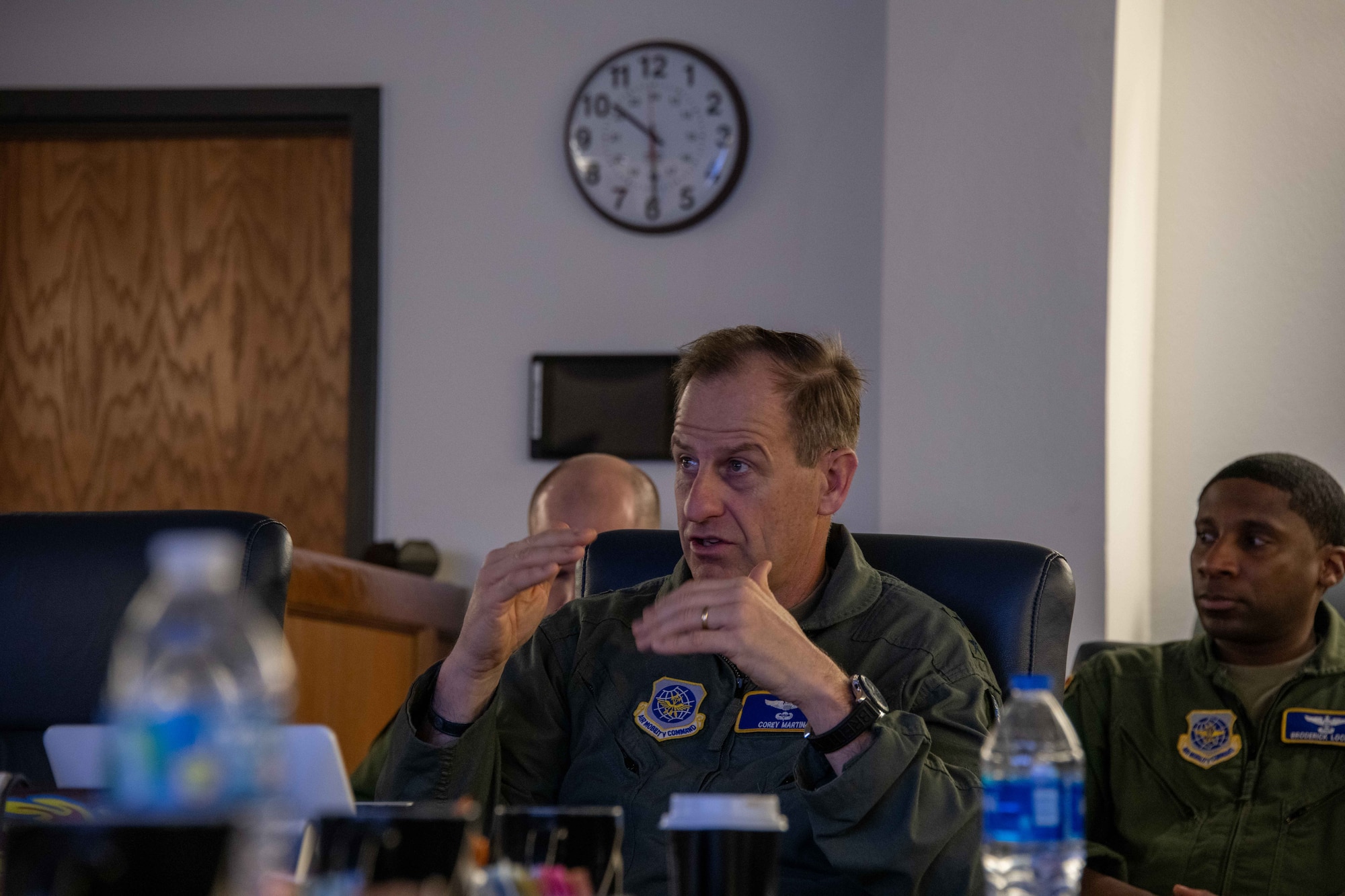 U.S. Air Force Maj. Gen Corey Martin, 18th Air Force (AF) commander, talks during the outbrief at the Mobility Air Force Competency Summit at Altus Air Force Base, Oklahoma, Jan. 26, 2023. The 18th AF’s mission is to “prepare Airmen for contested global air mobility operations…anytime, anywhere.” (U.S. Air Force photo by Airman 1st Class Kari Degraffenreed)