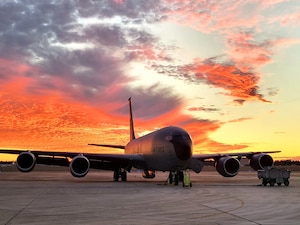 A KC-135 Stratotanker sits on the flight line at Robins Air Force Base, Georgia, Jan. 28, 2023. Airmen from McConnell Air Force Base's 22nd Air Refueling Wing and the 350th Air Refueling Squadron participated in a Multi-lateral Exercise and Training (MLAT) at Robins, where they learned valuable skills for deployment scenarios. (courtesy photo)