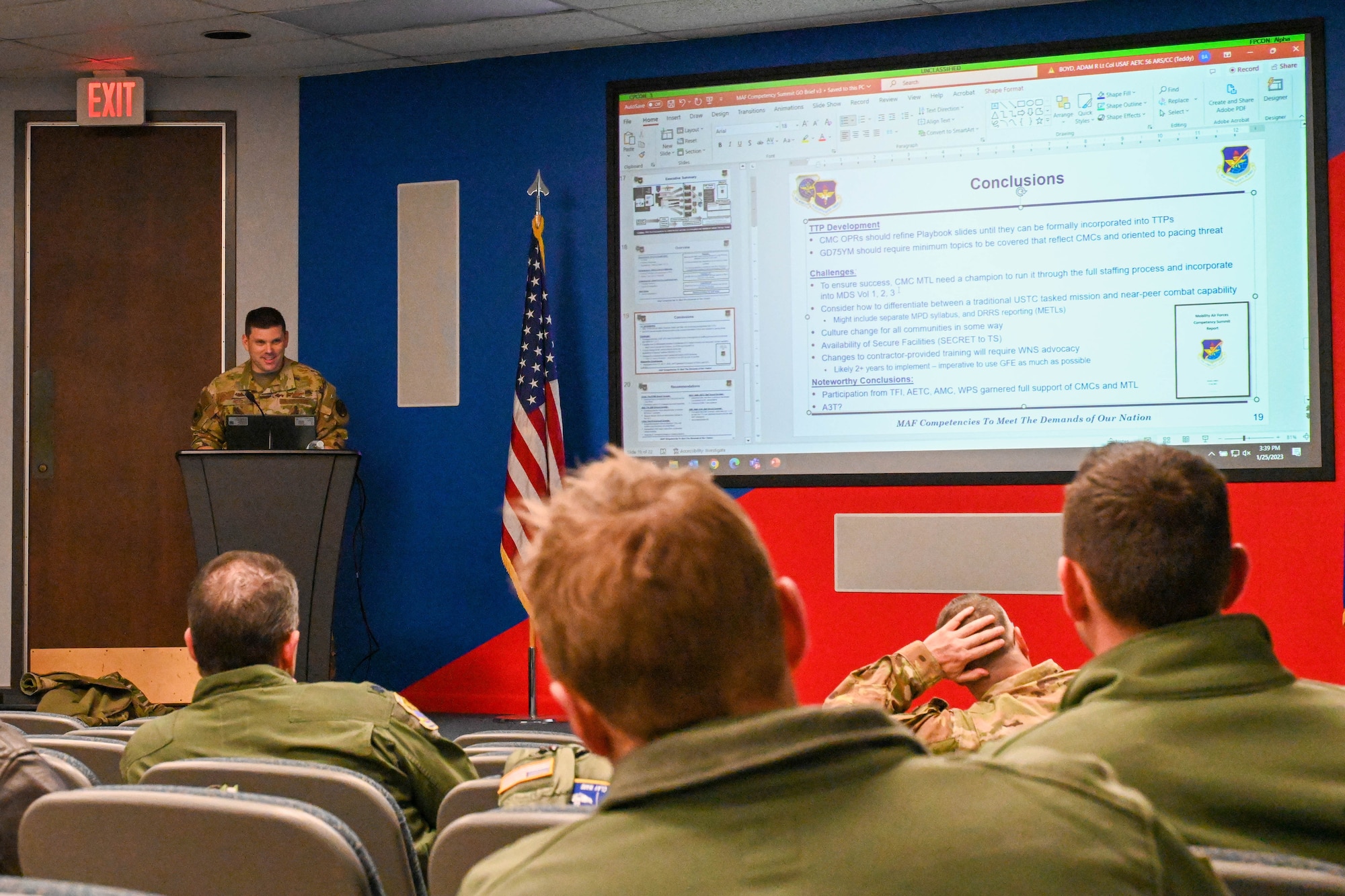 U.S. Air Force Lt. Col. Teddy Boyd, 56th Air Refueling Squadron commander, closes out the second day of the Mobility Air Force Competency Summit at Altus Air Force Base, Oklahoma, Jan. 25, 2023. During the summit, Airmen participated in meetings and small group discussions where they talked about a variety of key components including combat mission competencies and agile combat employment. (U.S. Air Force photo by Senior Airman Trenton Jancze)