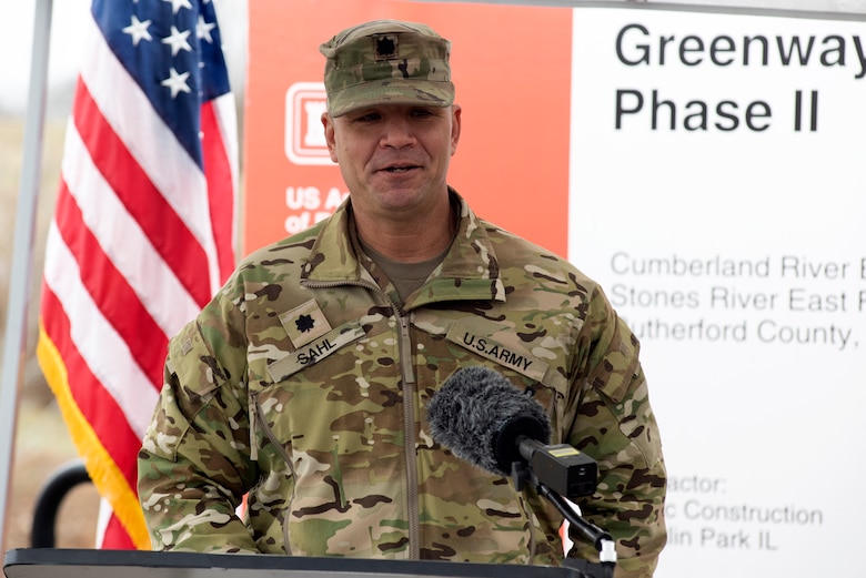 Lt. Col. Joseph Sahl, U.S. Army Corps of Engineers Nashville District commander, thanks Murfreesboro officials, community partners, stakeholders, and Corps employees for the vision and teamwork that brought the North Murfreesboro Greenway Project to fruition during a dedication ceremony Jan. 31, 2023 at the Walter Hill Trailhead in Murfreesboro, Tennessee. The Nashville District constructed two additional miles of paved pedestrian trails along the North Murfreesboro Greenway and made improvements to the popular 18-mile Twin Forks Equestrian Trail. (USACE Photo by Lee Roberts)