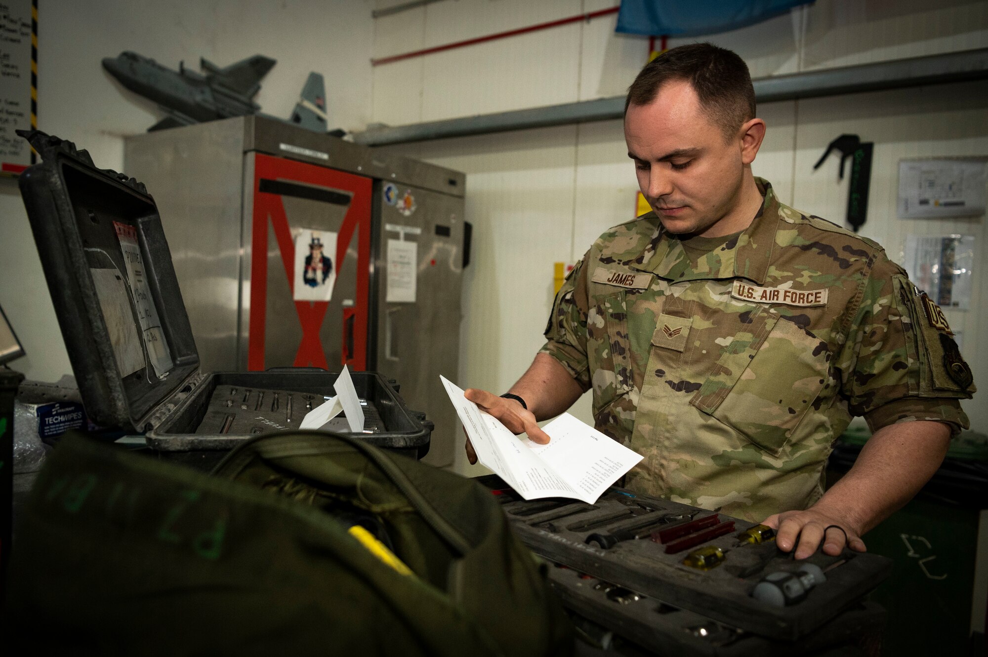 U.S. Air Force Senior Airman Royan James, a 386th Expeditionary Aircraft Maintenance Squadron fuels systems technician, accounts for tools at Ali Al Salem Air Base, Kuwait, Feb. 2, 2023