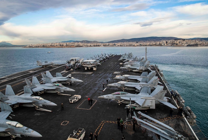 The Nimitz-class aircraft carrier USS George H.W. Bush (CVN 77), along with the embarked staff of Carrier Strike Group (CSG) 10, arrives in Piraeus, Greece, for a scheduled port visit, Feb. 3, 2023.