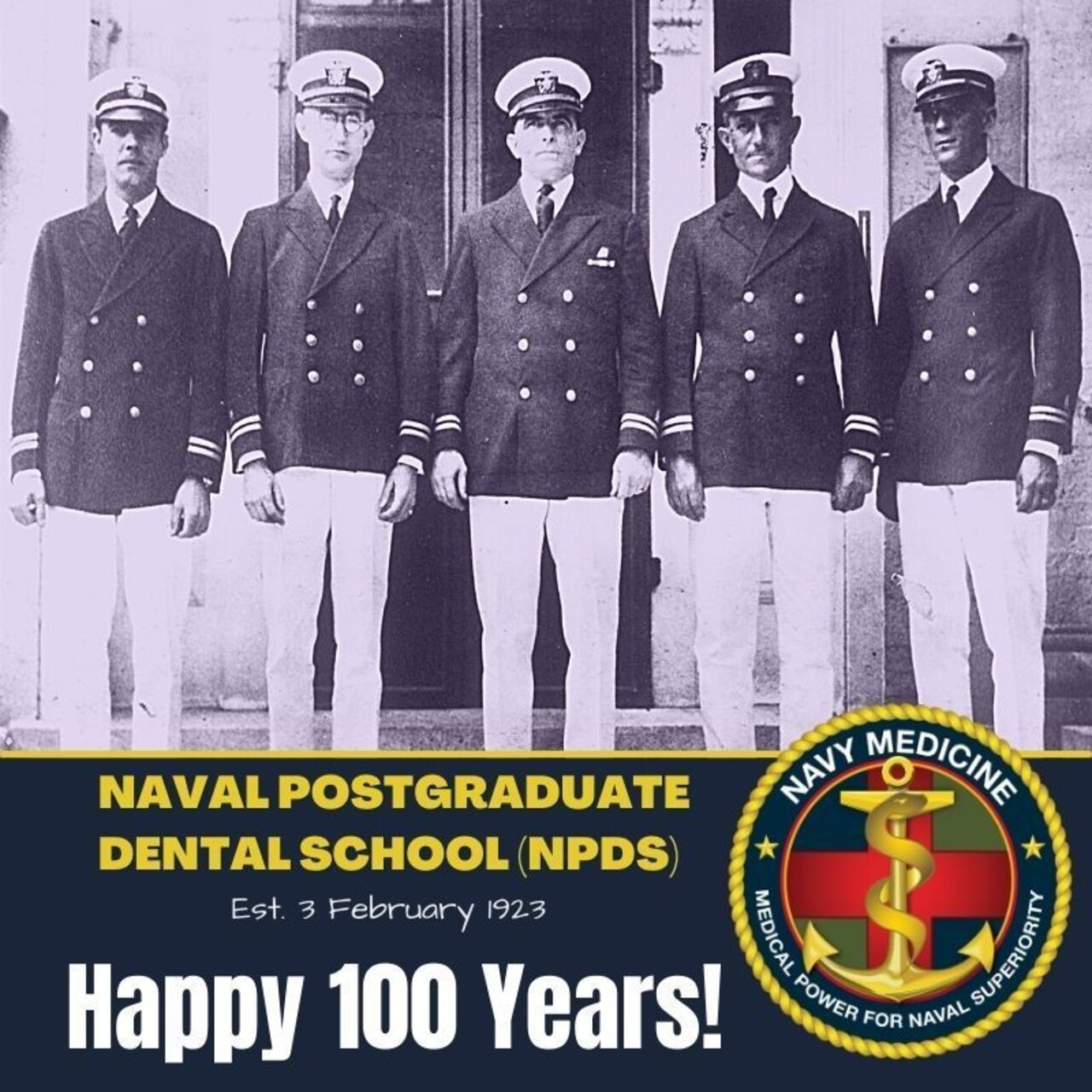 The Navy Dental Corps’ ongoing commitment to education and training is exemplified in the story of the Naval Postgraduate Dental School (NPDS) which celebrates its 100th anniversary on February 3rd, 2023.  In this image we see the first class of dental officers to graduate NPDS.  From left to right:  Lt. W.C. Carroll, Lt. R.S. Davis, Lt. Alfred W. Chandler, Lt. R.H. Fladeland, and Lt. J.W. Baker.