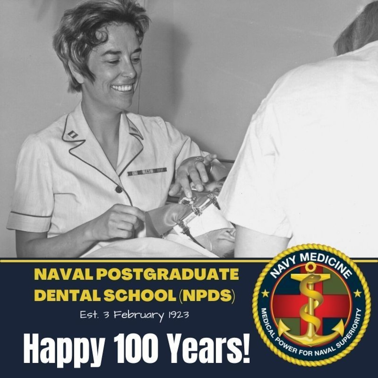 The Navy Dental Corps’ ongoing commitment to education and training is exemplified in the story of the Naval Postgraduate Dental School (NPDS) which celebrates its 100th anniversary on February 3rd, 2023. Pictured is Lt. Cmdr. Helen Paulus, the first woman to graduate NPDS (June 1975).  Dr. Paulus also holds the distinction as the first female dentist on active duty (1972).