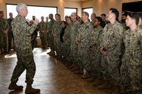 230202-N-ZU848-0185 BUSAN, Republic of Korea (Jan. 18, 2023) Vice Adm. Karl Thomas, commander, U.S. 7th Fleet, takes a question from a Commander, Naval Forces Korea Sailor during an all hands call while visiting the Commander, Republic of Korea Fleet Base in Busan, South Korea. Vice Adm. Thomas was in South Korea to attend the 7th annual Anti-submarine Warfare Committee meeting. (U.S. Navy photo by Mass Communication Specialist 2nd Class Adam Craft)