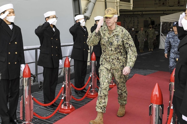 230202-N-ZU710-0063 BUSAN, Republic of Korea (Feb. 2, 2023) Vice Adm. Karl Thomas, commander, U.S. 7th Fleet, departs the Republic of Korea (ROK) Navy Dokdo-class amphibious assault ship ROKS Marado (LPH-6112) in Busan, ROK. Vice Adm. Thomas is in the Republic of Korea to attend the 7th annual Anti-submarine Warfare Cooperation Committee meeting. (U.S. Navy photo by Mass Communication Specialist 2nd Class Michael Chen)