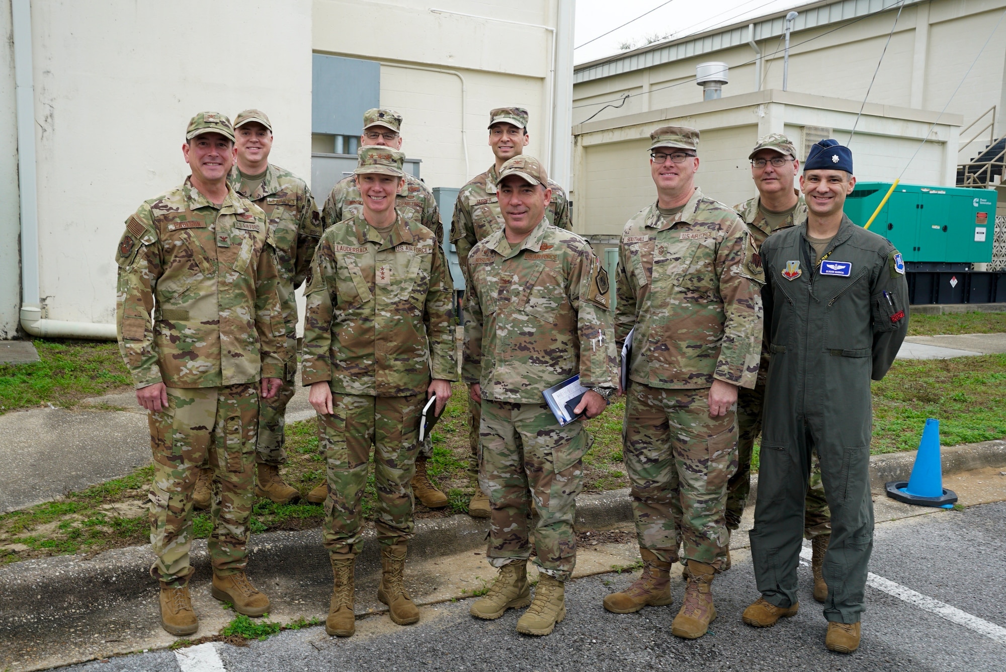 U.S. Air Force Lt. Gen. Leah G. Lauderback, deputy chief of staff for intelligence, surveillance, reconnaissance and cyber effects operations, poses with leadership from the 350th Spectrum Warfare Wing during a wing visit at Eglin Air Base, Fla., Feb. 1, 2023. Lauderback visited the 350th SWW to learn more about the wing’s mission to provide cutting-edge Electromagnetic Spectrum capabilities to warfighters. (U.S. Air Force photo by 1st Lt. Benjamin Aronson)