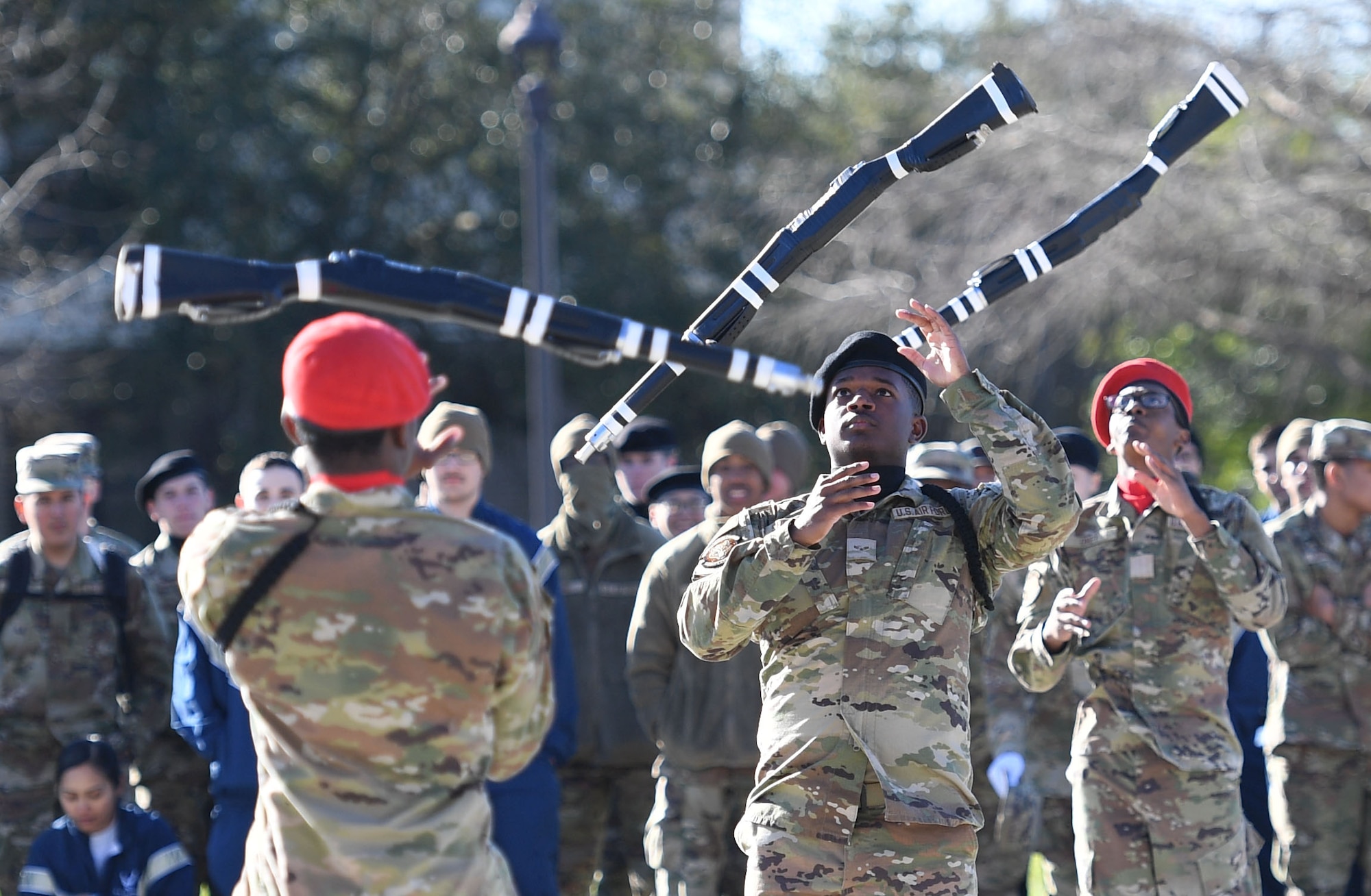 Members of the 336th Training Squadron freestyle drill team perform during the 81st Training Group drill down on the Levitow Training Support Facility drill pad at Keesler Air Force Base, Mississippi, Feb. 23, 2023.
