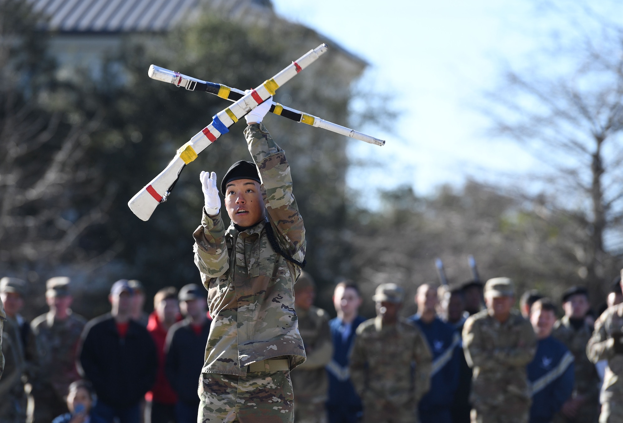 U.S. Air Force Airman 1st Class Johghun Kim, 335th Training Squadron freestyle drill team member, performs during the 81st Training Group drill down on the Levitow Training Support Facility drill pad at Keesler Air Force Base, Mississippi, Feb. 23, 2023.