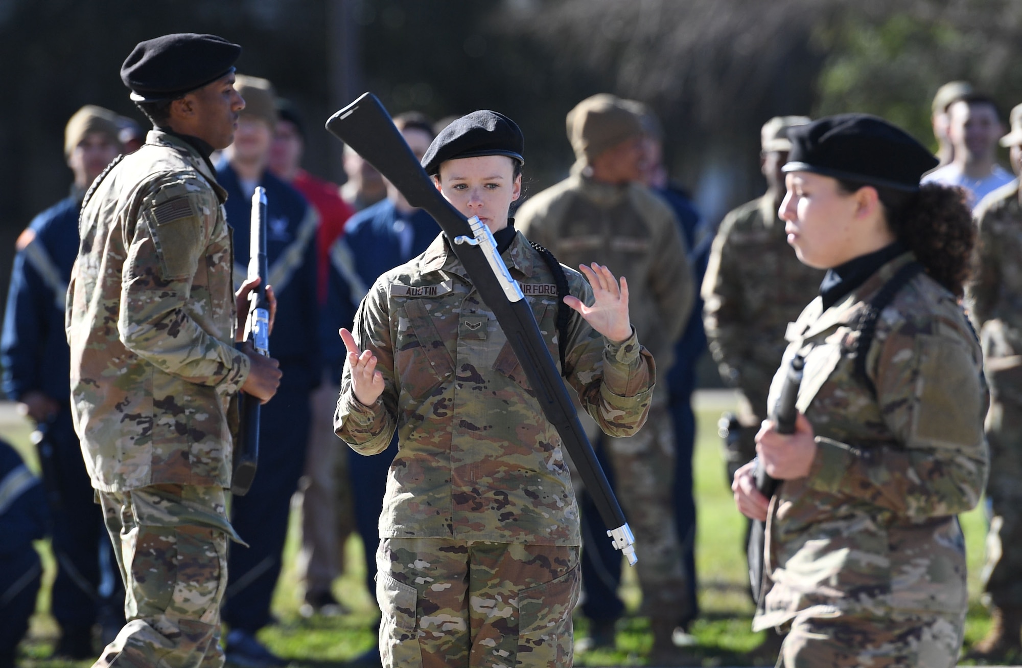 Members of the 334th Training Squadron freestyle drill team perform during the 81st Training Group drill down on the Levitow Training Support Facility drill pad at Keesler Air Force Base, Mississippi, Feb. 23, 2023.