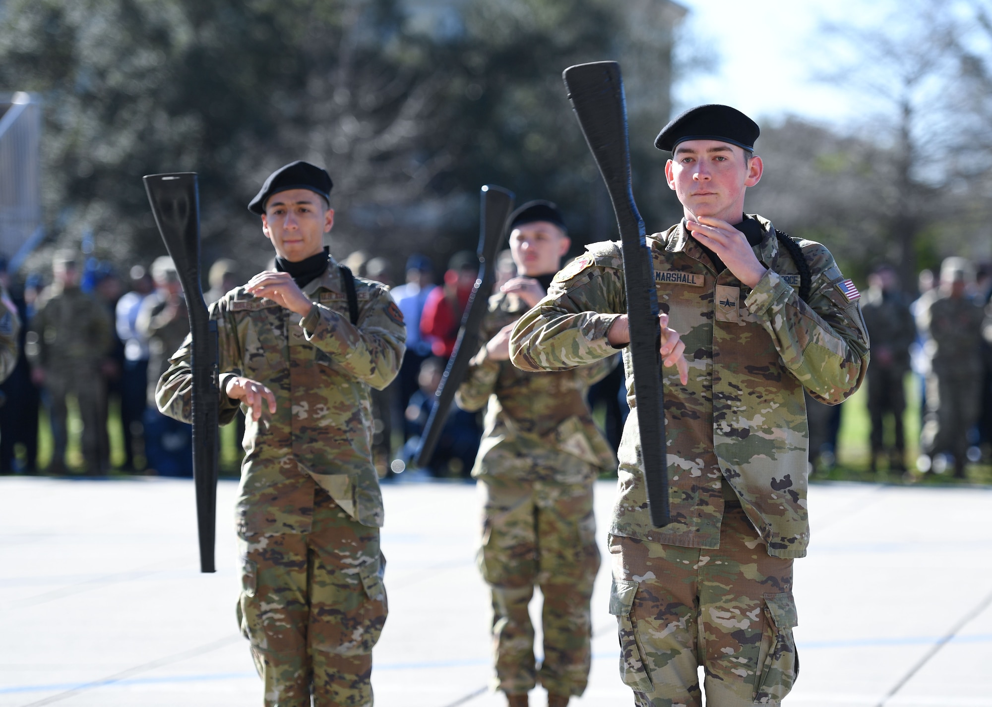 Members of the 338th Training Squadron freestyle drill team perform during the 81st Training Group drill down on the Levitow Training Support Facility drill pad at Keesler Air Force Base, Mississippi, Feb. 23, 2023.