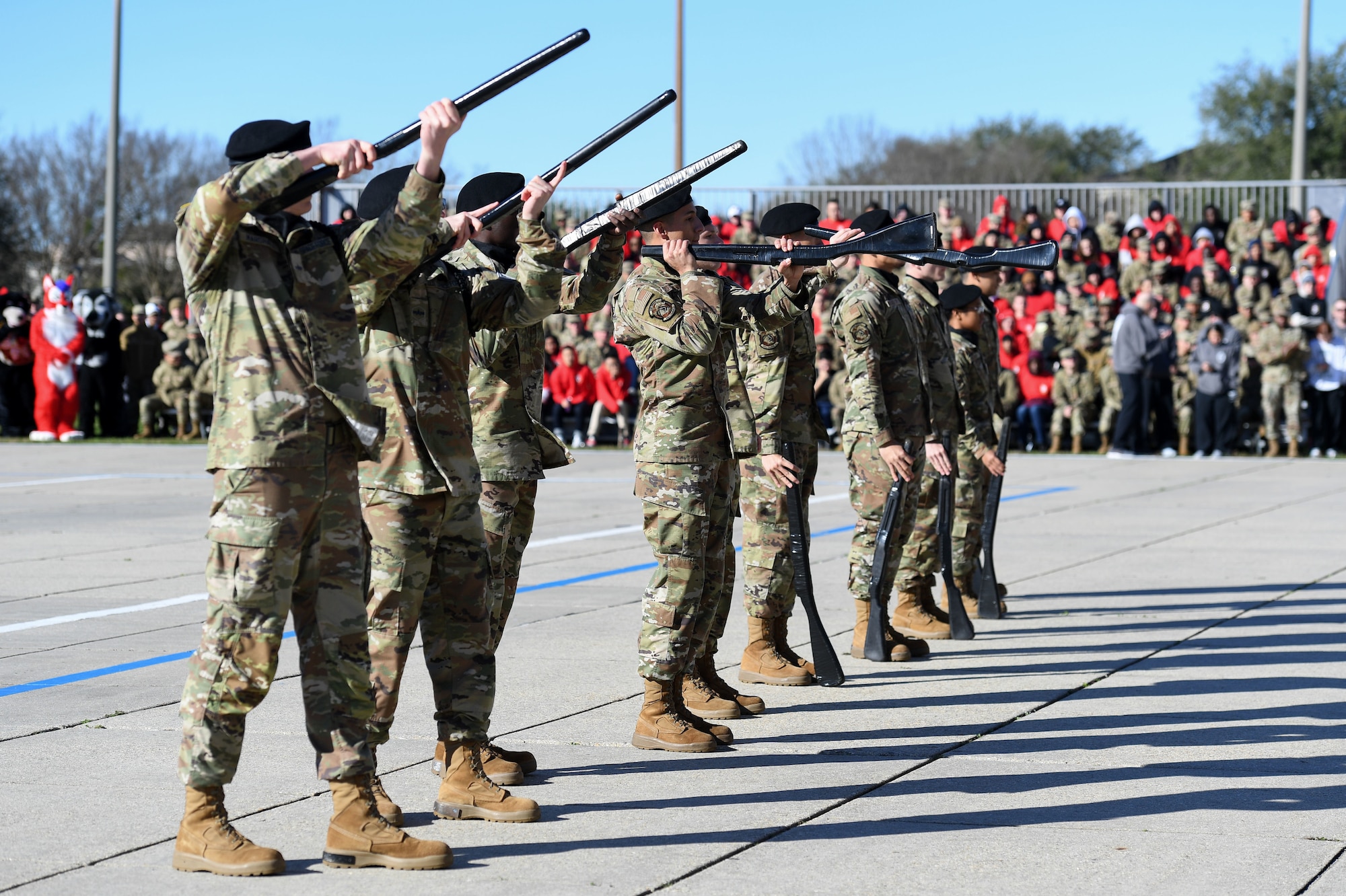 Members of the 338th Training Squadron freestyle drill team perform during the 81st Training Group drill down on the Levitow Training Support Facility drill pad at Keesler Air Force Base, Mississippi, Feb. 23, 2023.