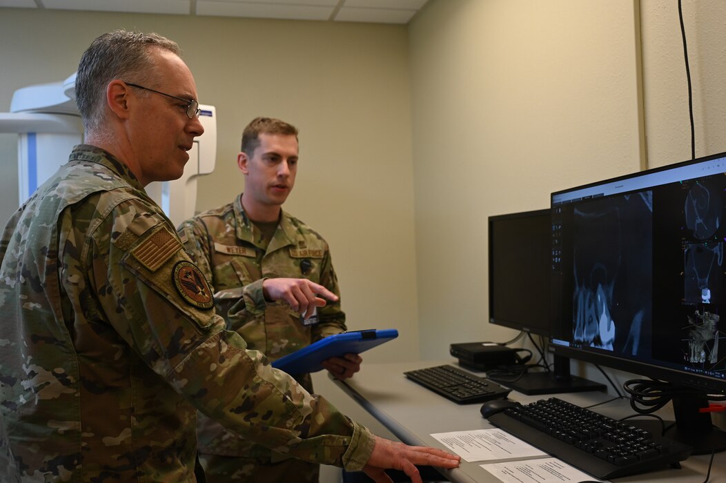 U.S. Air Force Col. Christopher Grussendorf, Air Education and Training Command command surgeon, observes a 3D scan of a patient's mouth, Ross Clinic, Texas, Feb. 3, 2023. From his tour, Grussendorf was able to get a more in-depth understanding of how the 17th Medical Group operates day-to-day. (U.S. Air Force photo by Airman 1st Class Zachary Heimbuch)