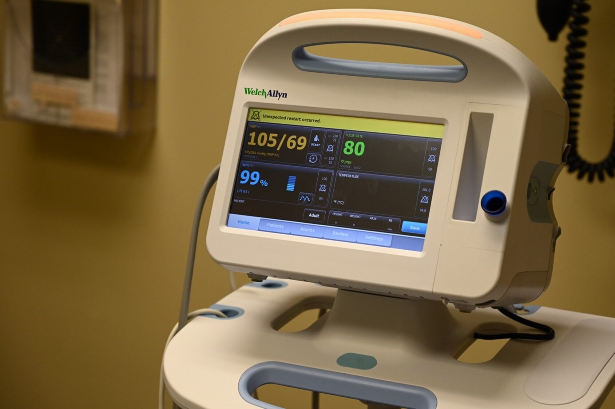 A vital sign monitor is used at the 62d Medical Squadron to measure a patient’s blood pressure, heart rate, temperature and pulse oximetry at Joint Base Lewis-McChord, Washington, Feb. 3, 2023. The 62d MDS, located in the McChord Clinic, provides quality healthcare services to promote fit, resilient, and ready forces. (U.S. Air Force photo by Senior Airman Callie Norton)
