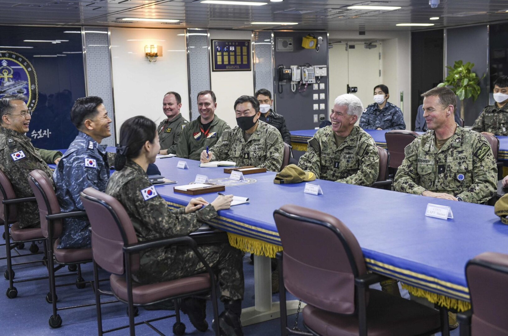 230202-N-ZU710-0108 BUSAN, Republic of Korea (Feb. 2, 2023) Vice Adm. Karl Thomas, commander, U.S. 7th Fleet, holds a conference with senior Korean and U.S. Navy leadership aboard the Republic of Korea (ROK) Navy Dokdo-class amphibious assault ship ROKS Marado (LPH-6112) in Busan, ROK. Vice Adm. Thomas is in the Republic of Korea to attend the 7th annual Anti-submarine Warfare Cooperation Committee meeting. (U.S. Navy photo by Mass Communication Specialist 2nd Class Michael Chen)