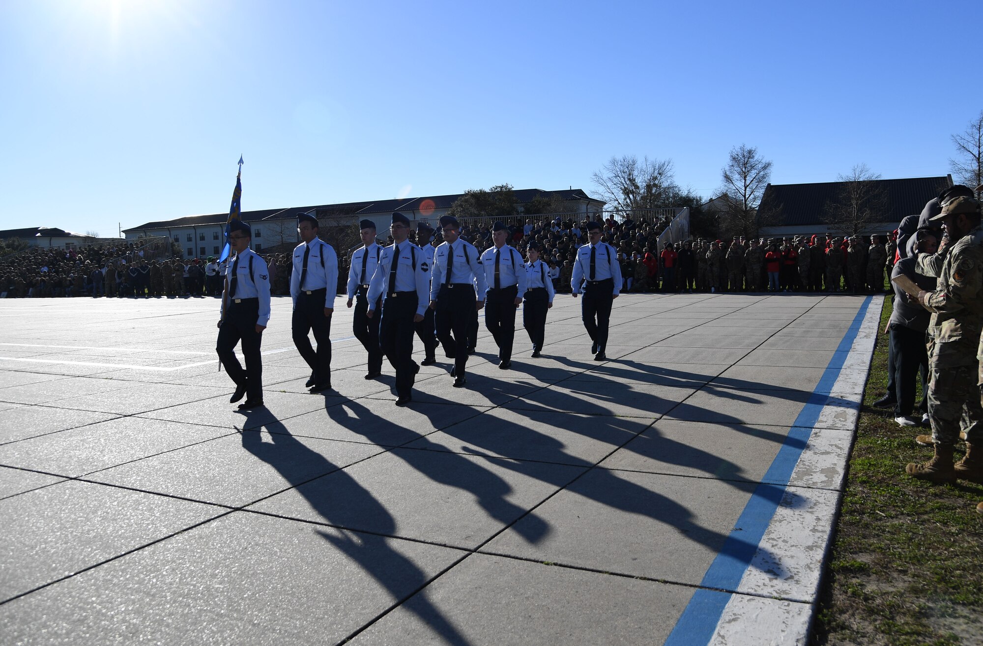 Members of the 338th Training Squadron regulation drill team perform during the 81st Training Group drill down on the Levitow Training Support Facility drill pad at Keesler Air Force Base, Mississippi, Feb. 23, 2023.