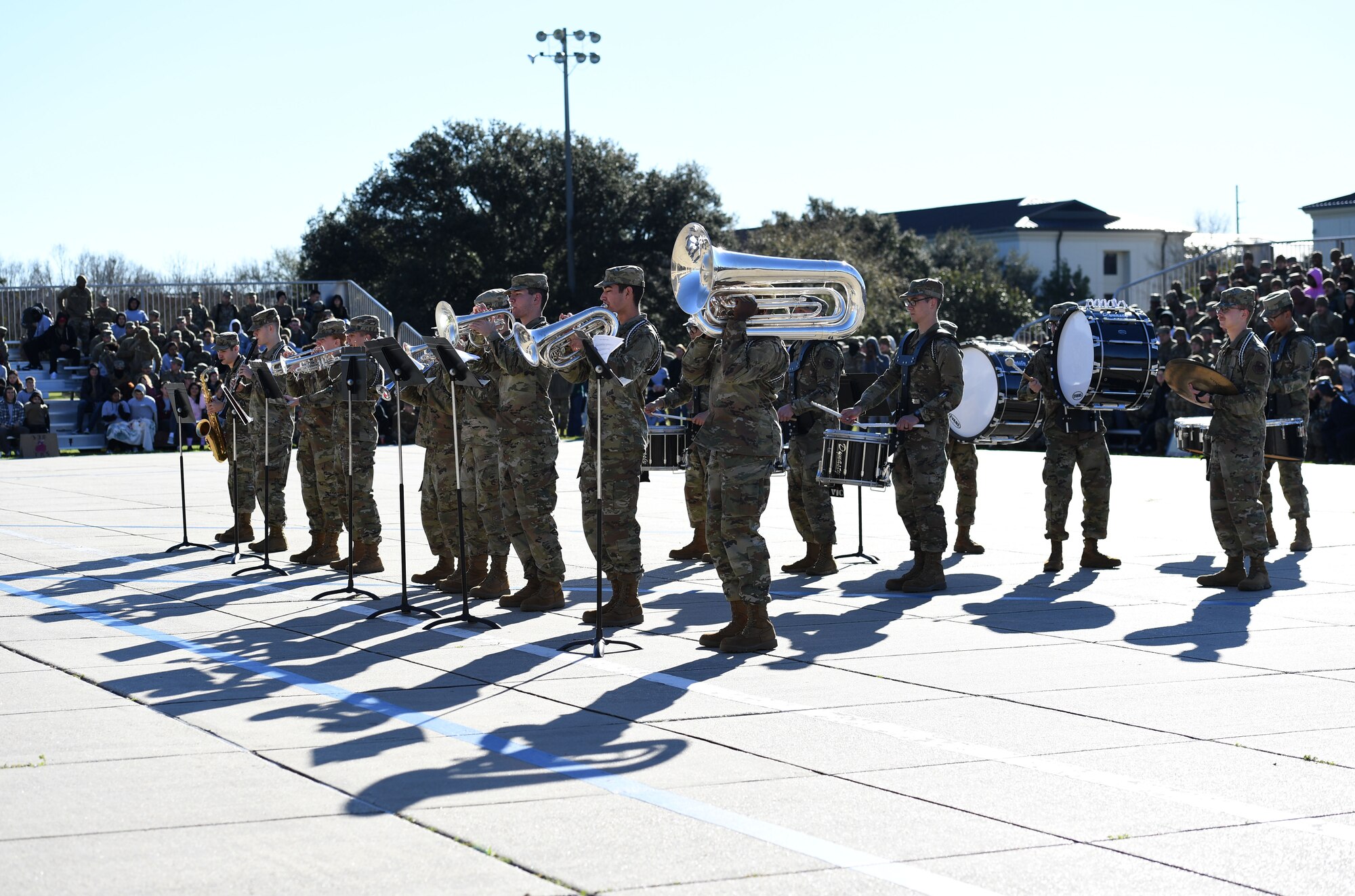 Members of the 81st Training Group Drum and Bugle Corps perform during the 81st TRG drill down on the Levitow Training Support Facility drill pad at Keesler Air Force Base, Mississippi, Feb. 23, 2023.