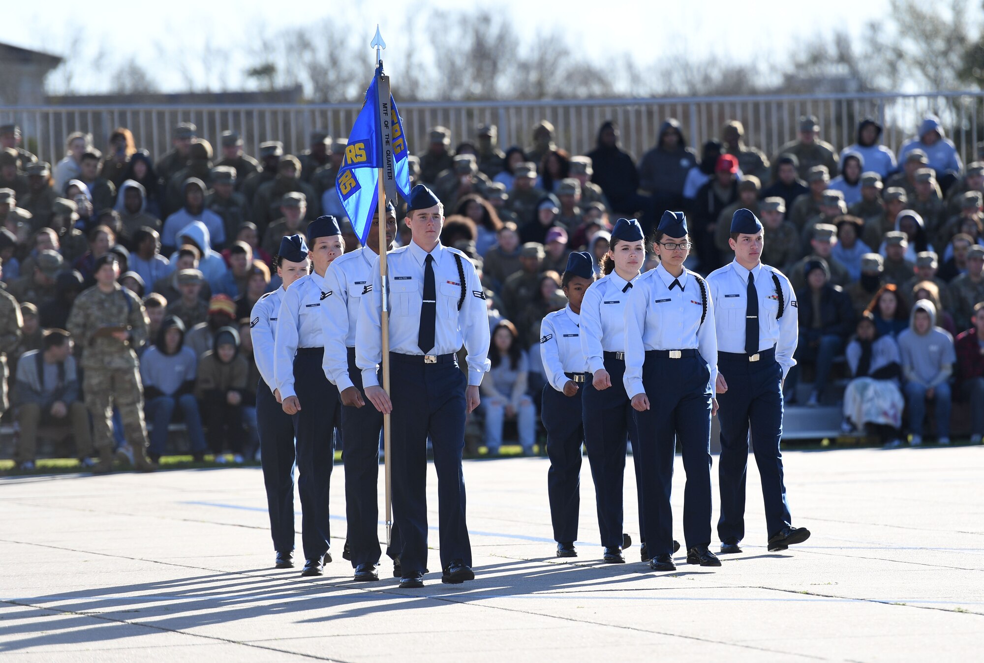 Members of the 334th Training Squadron regulation drill team perform during the 81st Training Group drill down on the Levitow Training Support Facility drill pad at Keesler Air Force Base, Mississippi, Feb. 23, 2023.