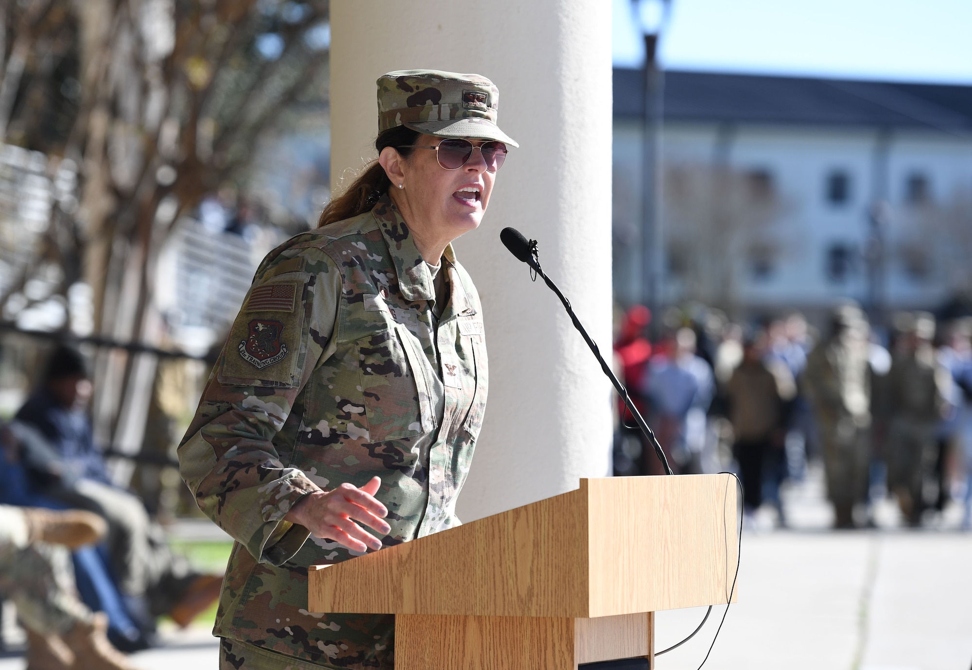 U.S. Air Force Col. Laura King, 81st Training Group commander, delivers remarks during the 81st TRG drill down on the Levitow Training Support Facility drill pad at Keesler Air Force Base, Mississippi, Feb. 23, 2023.