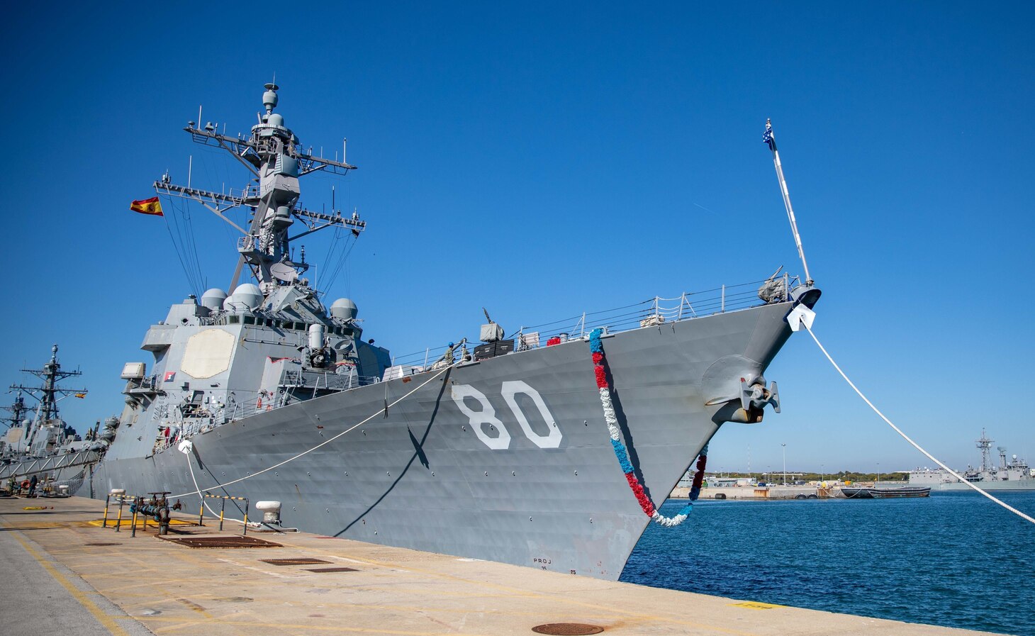 The Arleigh Burke-class guided-missile destroyer USS Roosevelt (DDG 80) returns from patrol to Naval Station Rota, Feb. 4, 2023.