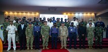 U.S. Navy Rear Adm. Calvin Foster, director of the Maritime Partnership Program for U.S. Sixth Fleet, U.S. Air Force Lt. Gen. Kirk Smith, deputy commander of U.S. Africa Command, and Nigerian Navy Vice Adm. Awwal Gambo, Chief of Naval Staff pose for a photo with participants from exercise Obangame Express 2023, Feb. 03, 2023 in Lagos, Nigeria. Obangame Express 2023, conducted by U.S. Naval Forces Africa, is a maritime exercise designed to improve cooperation, and increase maritime safety and security among participating nations in the Gulf of Guinea and Southern Atlantic Ocean. U.S. Sixth Fleet, headquartered in Naples, Italy, conducts the full spectrum of joint and naval operations, often in concert with allied and interagency partners, in order to advance U.S. national interests and security and stability in Europe and Africa. (U.S. Navy photo by Mass Communication Specialist 1st class Cameron C. Edy)