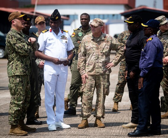 230202-N-DK722-1018 (Feb. 2, 2023) LAGOS, Nigeria – Leadership from U.S. Naval Forces Europe-Africa, U.S. Africa Command, the Nigerian Navy, and the Nigerian Navy Special Operations Forces discuss maritime readiness during a visit to Naval Air Base Ojo in Lagos, Nigeria, Feb. 2, 2023 during Obangame Express 2023. Obangame Express 2023, conducted by U.S. Naval Forces Africa, is a maritime exercise designed to improve cooperation, and increase maritime safety and security among participating nations in the Gulf of Guinea and Southern Atlantic Ocean. U.S. Sixth Fleet, headquartered in Naples, Italy, conducts the full spectrum of joint and naval operations, often in concert with allied and interagency partners, in order to advance U.S. national interests and security and stability in Europe and Africa. (U.S. Navy photo by Mass Communication Specialist 1st class Cameron C. Edy)
