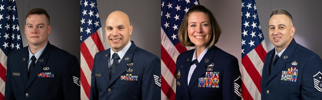 The Pennsylvania Air National Guard has selected its 2023 Outstanding Airmen of the Year. The 2023 Airmen of the Year are (left to right): Airman of the Year Staff Sgt. Garrett J. Swanson, 171st Air Refueling Wing, Coraopolis; Noncommissioned Officer of the Year Tech. Sgt. Phillip J. Kapelewski, 171st Air Refueling Wing, Coraopolis; Senior Noncommissioned Officer of the Year Master Sgt. Annie J. Link, 193rd Special Operations Wing, Middletown; and First Sergeant of the Year Master Sgt. Eric J. Wearing, 171st Air Refueling Wing, Coraopolis. (U.S. Air National Guard photo illustration by Tech. Sgt. Ted Nichols/Released)