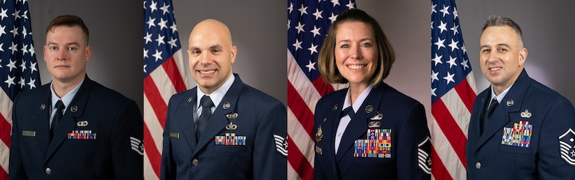 The Pennsylvania Air National Guard has selected its 2023 Outstanding Airmen of the Year. The 2023 Airmen of the Year are (left to right): Airman of the Year Staff Sgt. Garrett J. Swanson, 171st Air Refueling Wing, Coraopolis; Noncommissioned Officer of the Year Tech. Sgt. Phillip J. Kapelewski, 171st Air Refueling Wing, Coraopolis; Senior Noncommissioned Officer of the Year Master Sgt. Annie J. Link, 193rd Special Operations Wing, Middletown; and First Sergeant of the Year Master Sgt. Eric J. Wearing, 171st Air Refueling Wing, Coraopolis. (U.S. Air National Guard photo illustration by Tech. Sgt. Ted Nichols/Released)