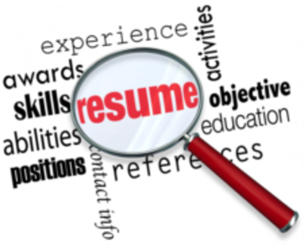Multiple words related to hiring with a magnifying glass hovering over the word resume in red.