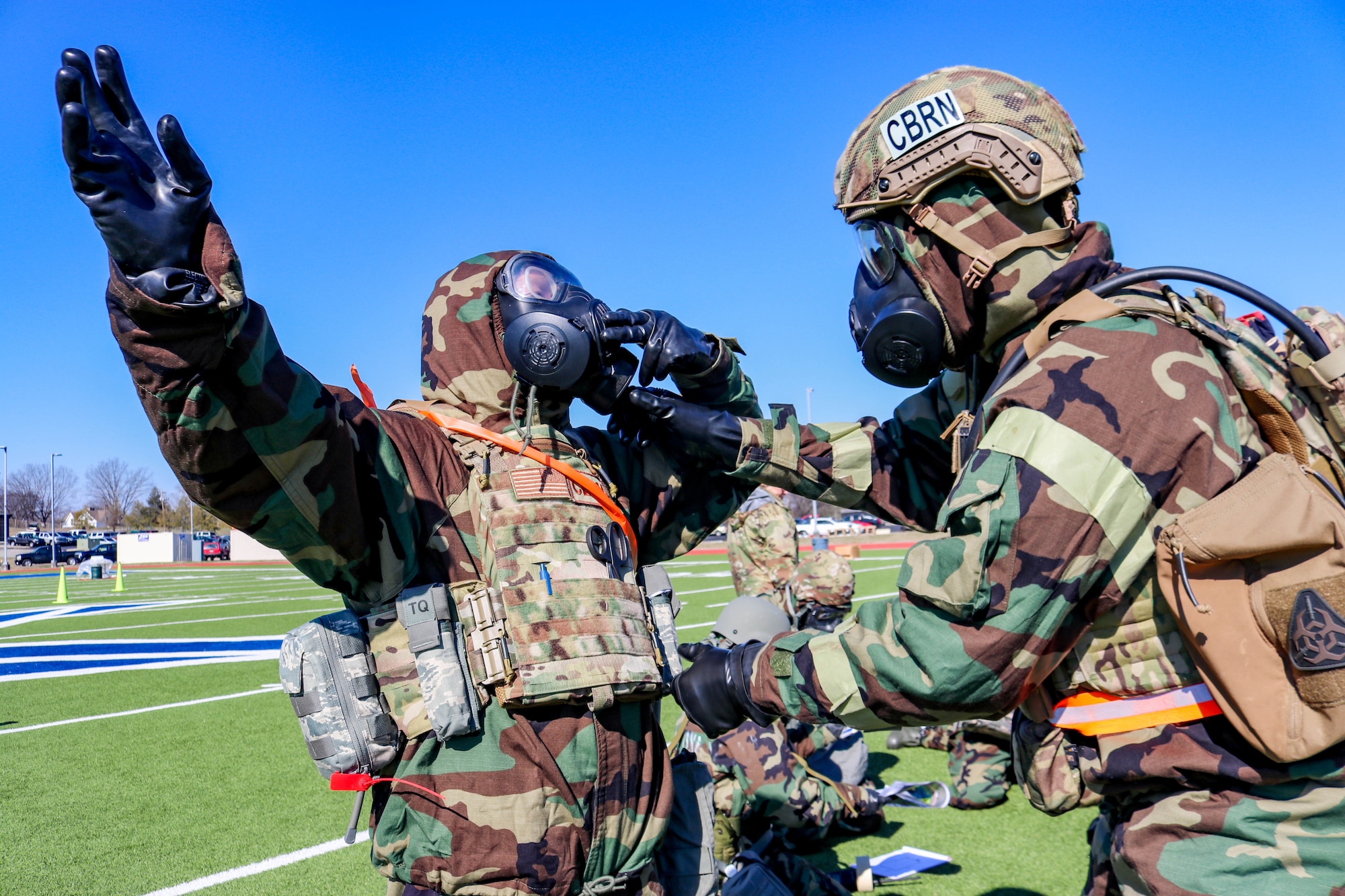 Airmen from the 134th Air Refueling Wing at McGhee Tyson Air National Guard Base, Tennessee, trained how to respond to CBRN attacks Feb. 3, 2023. Airmen from the 164th Airlift Wing instructed the 480 Airmen how to don protective gear before diagnosing and responding to chemical agents.